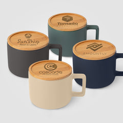 Image of the Café Virtuoso - 12 oz. Ceramic Mug with Bamboo Lid - Laser Engraved promotional product, SKU MVI-L.