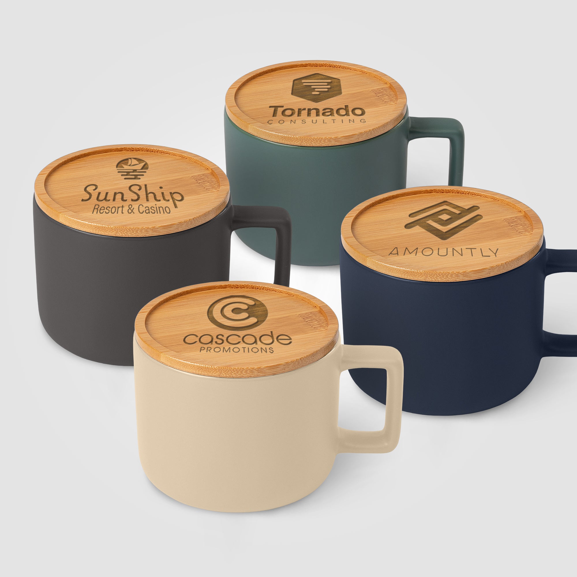 Image of the Café Virtuoso - 12 oz. Ceramic Mug with Bamboo Lid - Laser Engraved promotional product, SKU MVI-L.