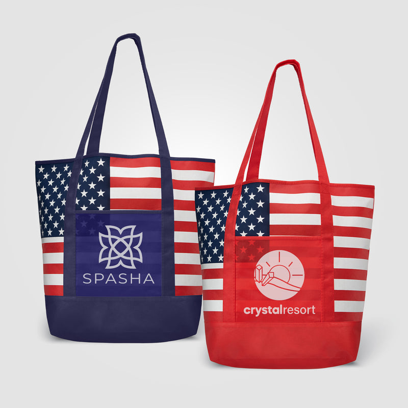 American Flag Non-Woven Tote Bag w/ 210D Pocket-zoom-