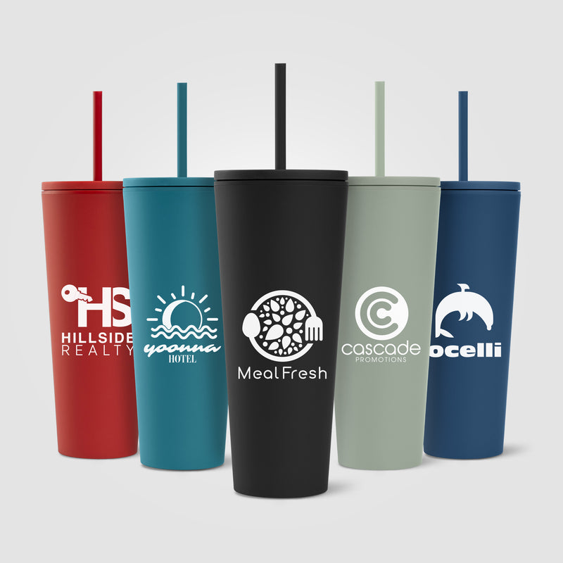 Spire - 24 oz Soft Touch Double Wall Recycled Plastic Tumbler w/ Straw-zoom-